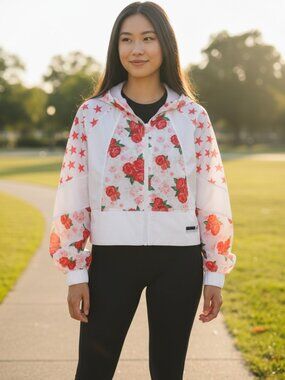 Adidas StellaSport Cropped Windbreaker Jacket - Rose & Pink Star Print- Size MD